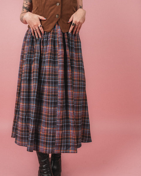 Plaid Cotton Square Neck Midi Dress