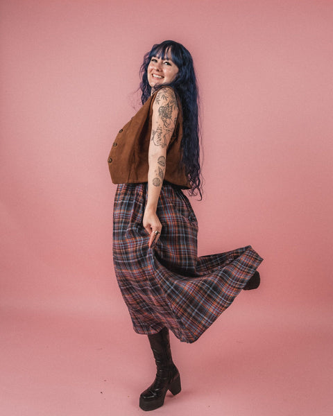 Plaid Cotton Square Neck Midi Dress