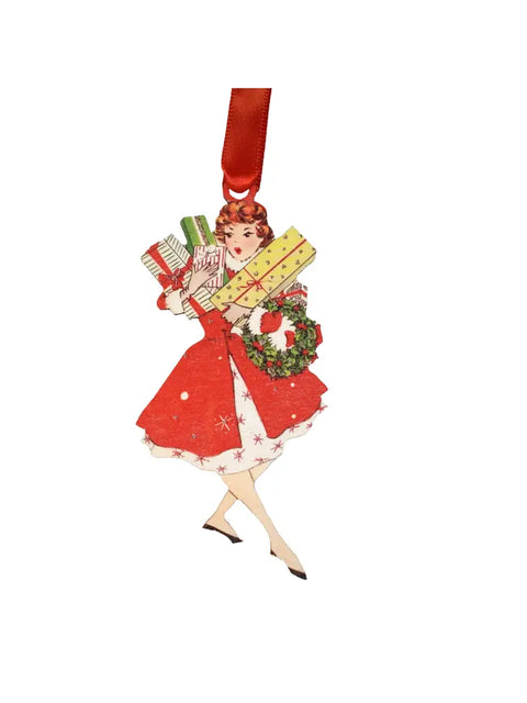 Vintage Lady with Gifts Wooden Ornament