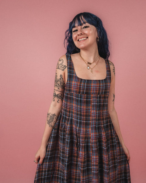 Plaid Cotton Square Neck Midi Dress