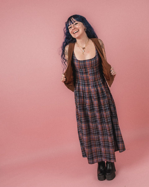 Plaid Cotton Square Neck Midi Dress