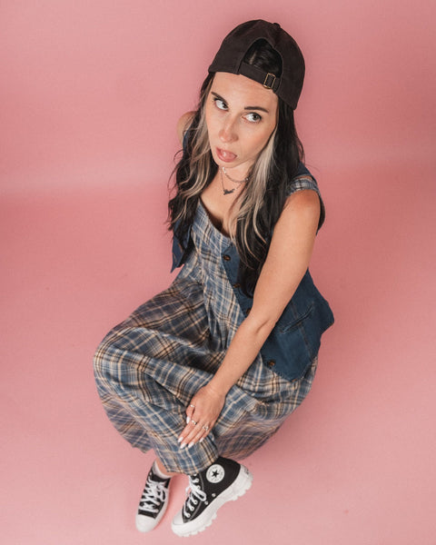 Plaid Cotton Square Neck Midi Dress