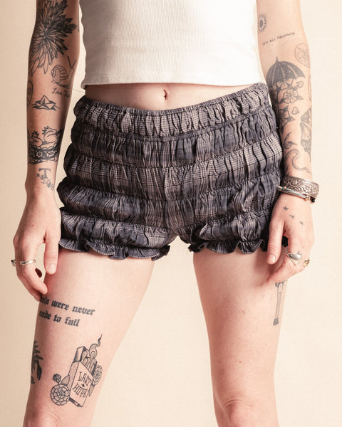 Grey Checker Ruffle Down Tiered Micro Shorts