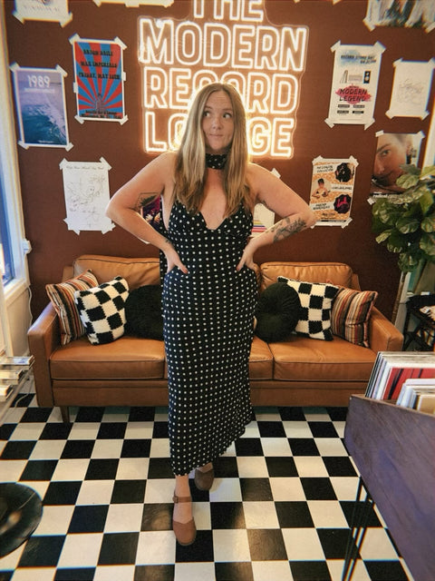  Polka Dot Chiffon Maxi Sleeveless Dress with Scarf