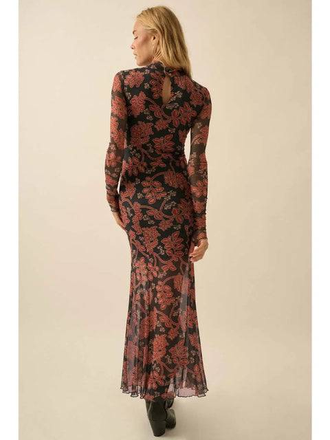 Floral Mesh Neck Thumbhole Maxi Dress