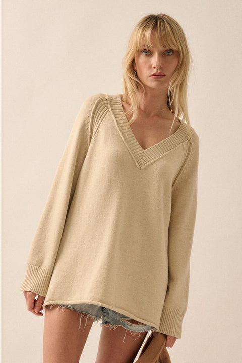  Cream Oversized V Neck Sweater