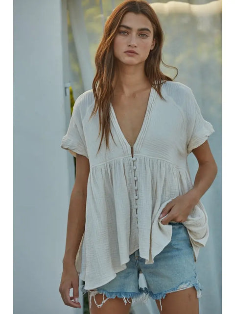  V-Neck Button Short Sleeve Top