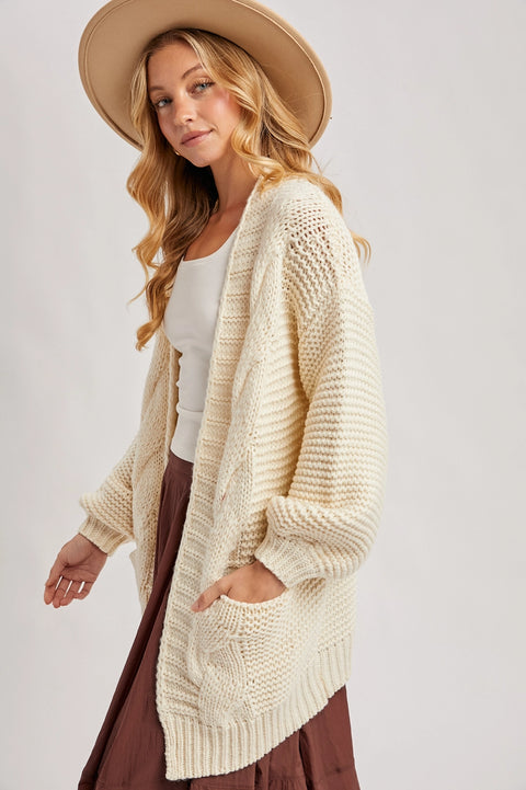 Chunky Cable Lantern Sleeve Cardigan