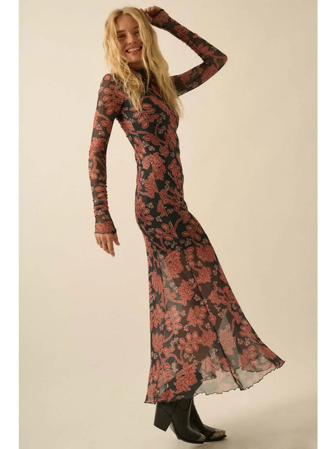  Floral Mesh Neck Thumbhole Maxi Dress