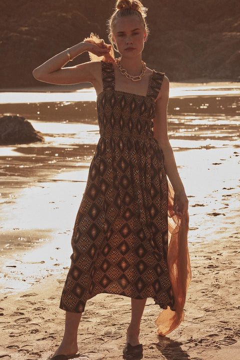  Brown Geometric Midi Dress