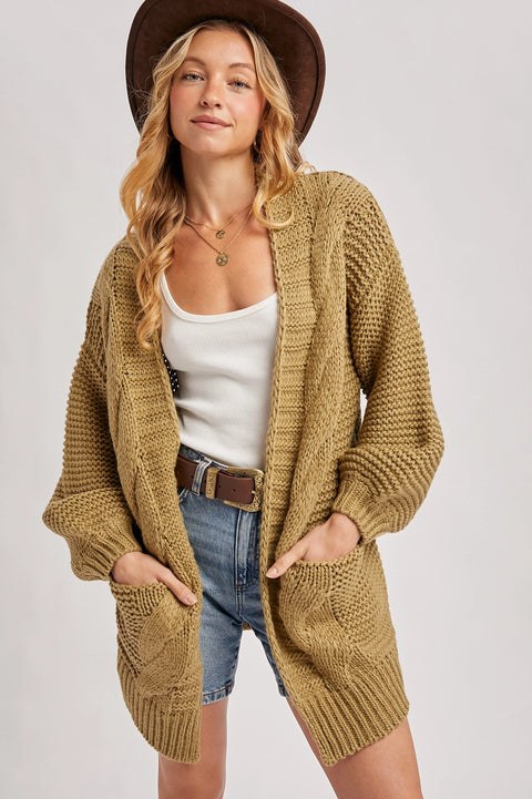 Chunky Cable Lantern Sleeve Cardigan