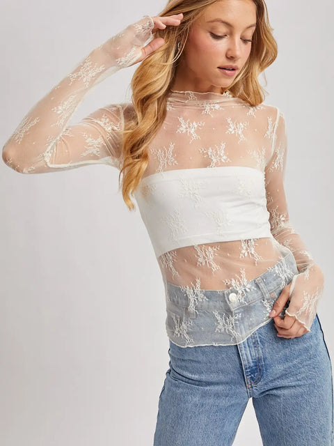  Floral Embroidery Lace Mesh Layering Top