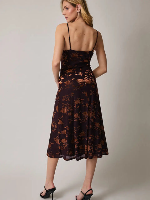 Brown Velvet Cowl Neck Midi Dress