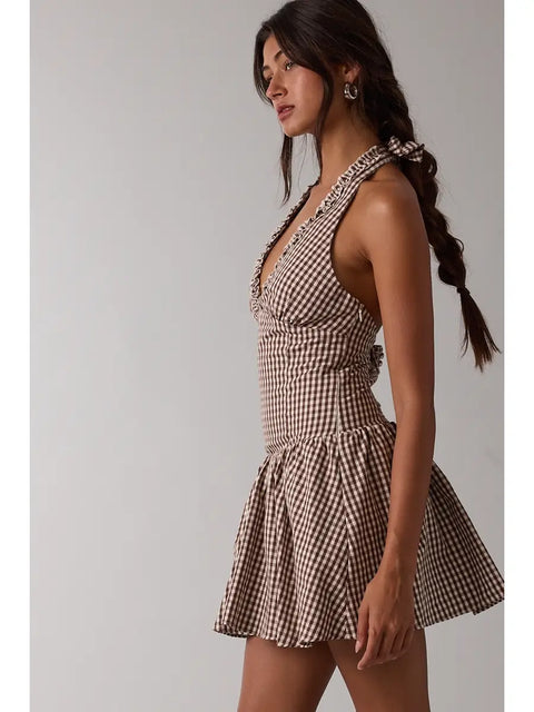  Gingham Halter Tie Dress