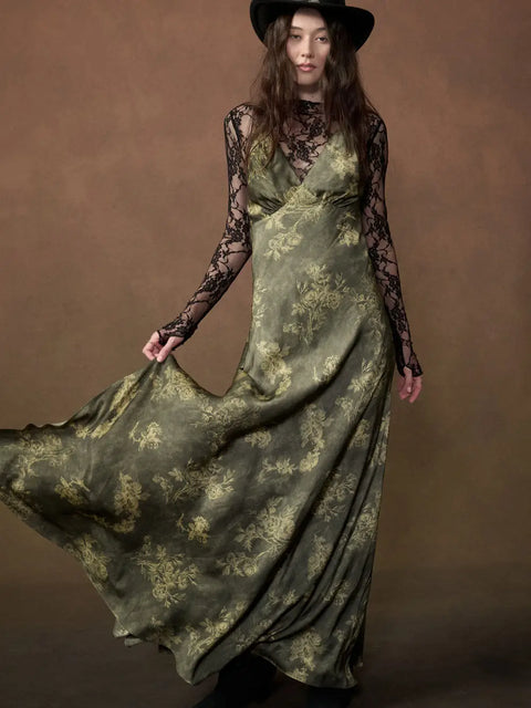  Green Floral Satin Dress