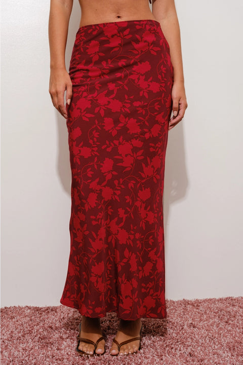  Deep Red Floral Print Maxi Skirt