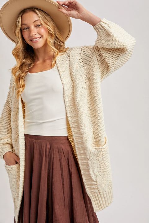  Chunky Cable Lantern Sleeve Cardigan