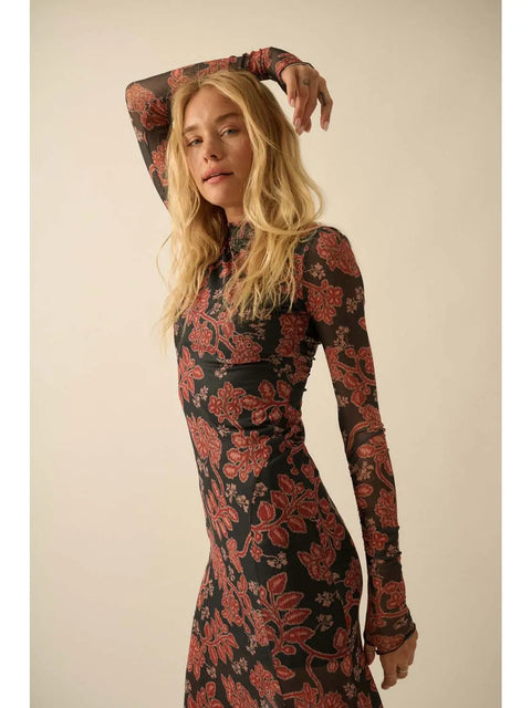 Floral Mesh Neck Thumbhole Maxi Dress