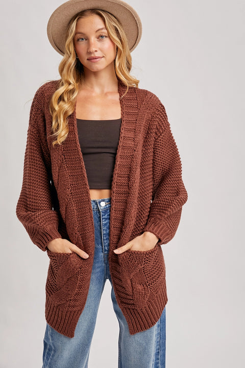  Chunky Cable Lantern Sleeve Cardigan