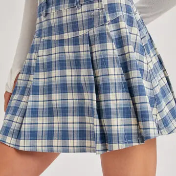 Pleated Plaid Skort With Side Buttons