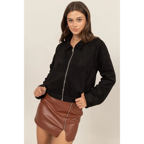  Faux Suede Zip-Up Jacket