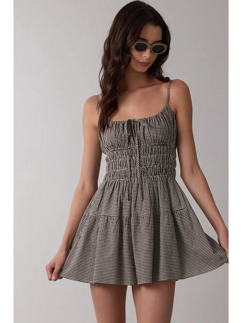  Checkered Front Tie Mini Dress