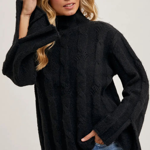 Black Side Slit Mock Neck Sweater