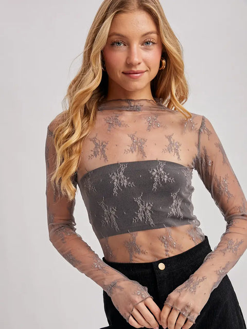  Floral Embroidery Lace Mesh Layering Top