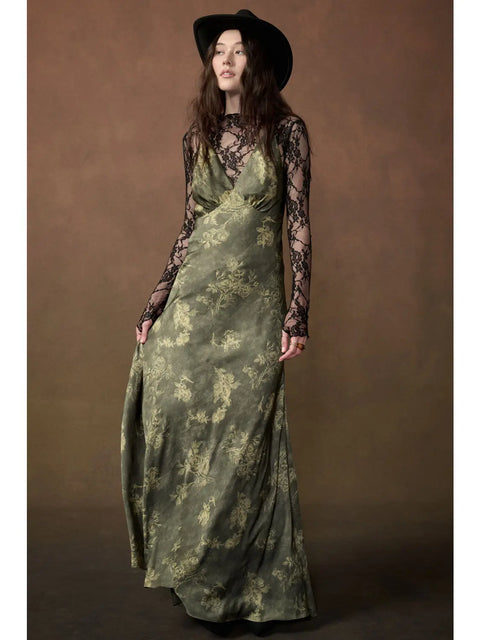  Green Floral Satin Dress