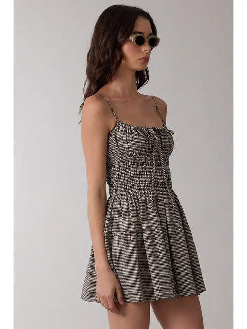  Checkered Front Tie Mini Dress
