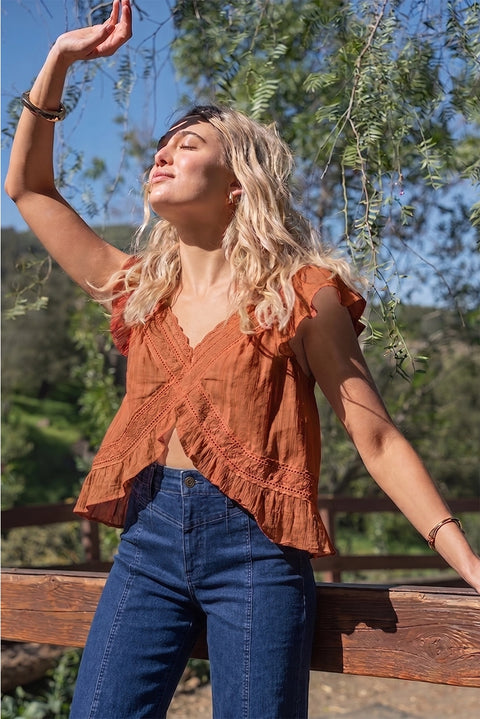  Rust Ruffle Sleeve Top