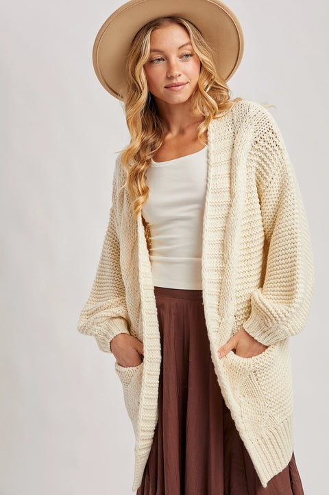  Chunky Cable Lantern Sleeve Cardigan