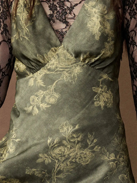  Green Floral Satin Dress