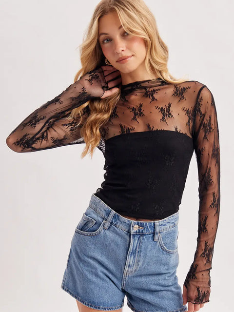 Floral Embroidery Lace Mesh Layering Top