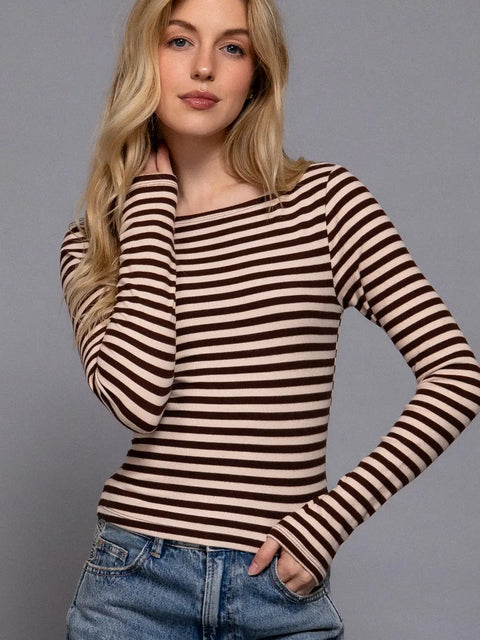  Long Sleeve Boat Neck Striped Shirt