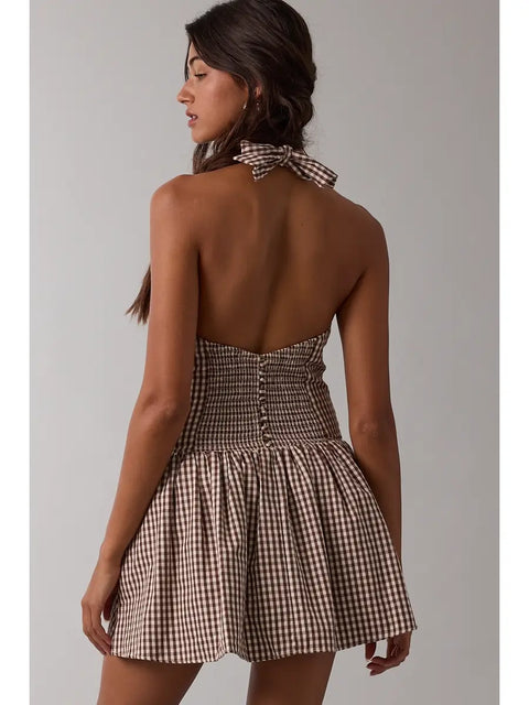  Gingham Halter Tie Dress