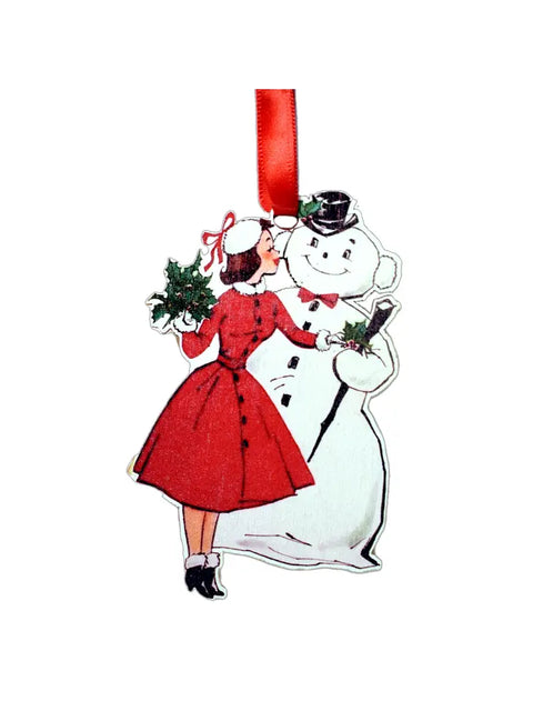 Lady and Snowman Wooden Ornament