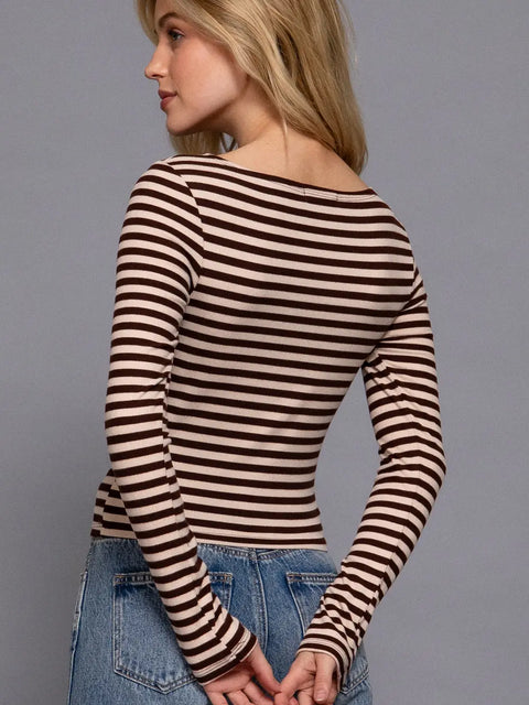  Long Sleeve Boat Neck Striped Shirt