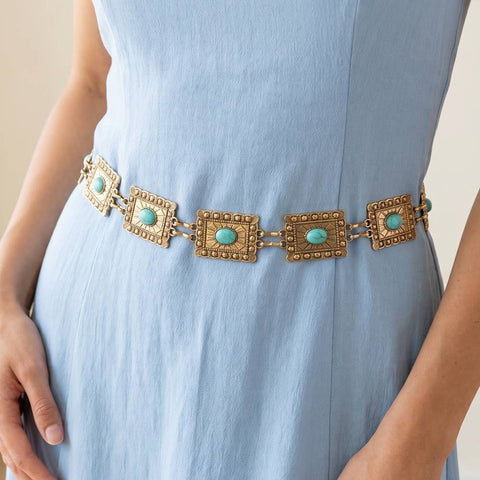  Square Turquoise Concho Chain Statement Belt