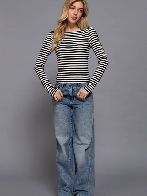  Long Sleeve Boat Neck Striped Shirt