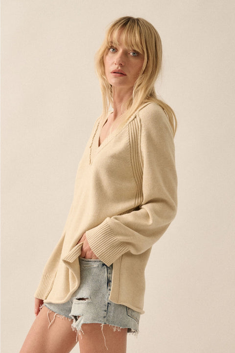  Cream Oversized V Neck Sweater