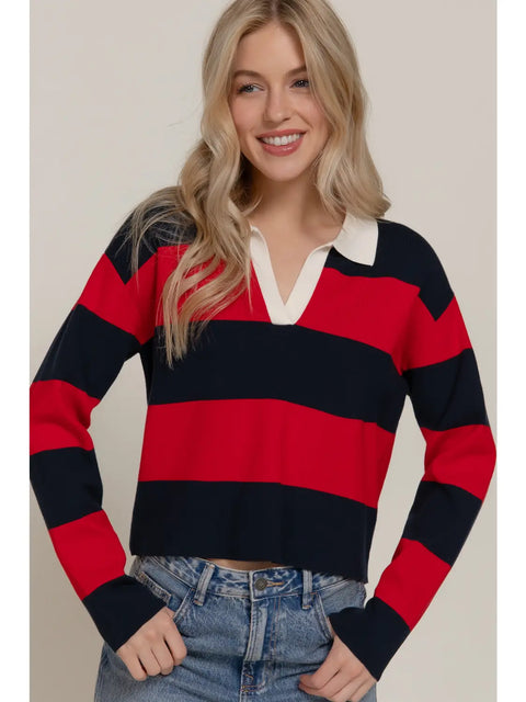  Long Sleeve Rugby Striped Sweater