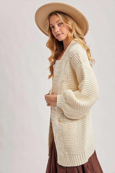 Chunky Cable Lantern Sleeve Cardigan