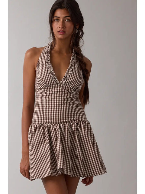  Gingham Halter Tie Dress