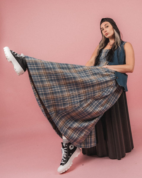 Plaid Cotton Square Neck Midi Dress