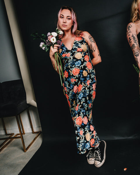  Bold Floral Plunging Maxi
