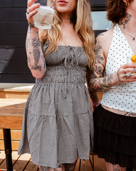  Checkered Front Tie Mini Dress