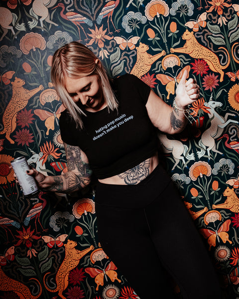 Hating Pop Music Doesn't Make You Deep Embroidered Crop Top