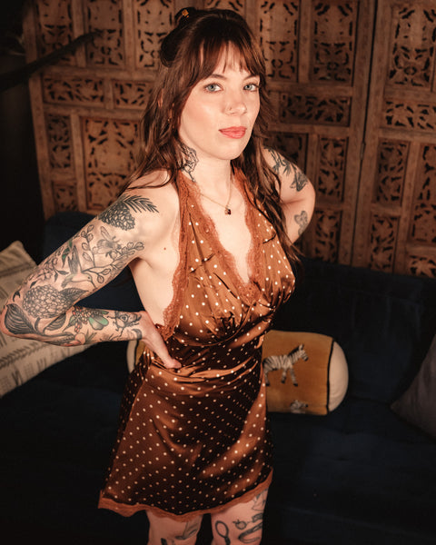  Scallop Lace Polka Dot Halter Mini Dress