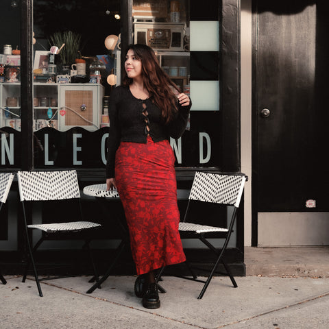 Deep Red Floral Print Maxi Skirt